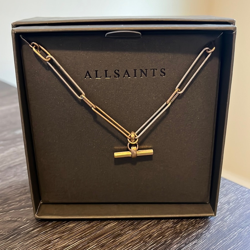 New ALLSAINTS Two-Tone Chain Link Bar Pendant Paperclip Choker Necklace